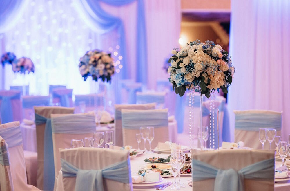 Banquet tables in a wedding hotel venue