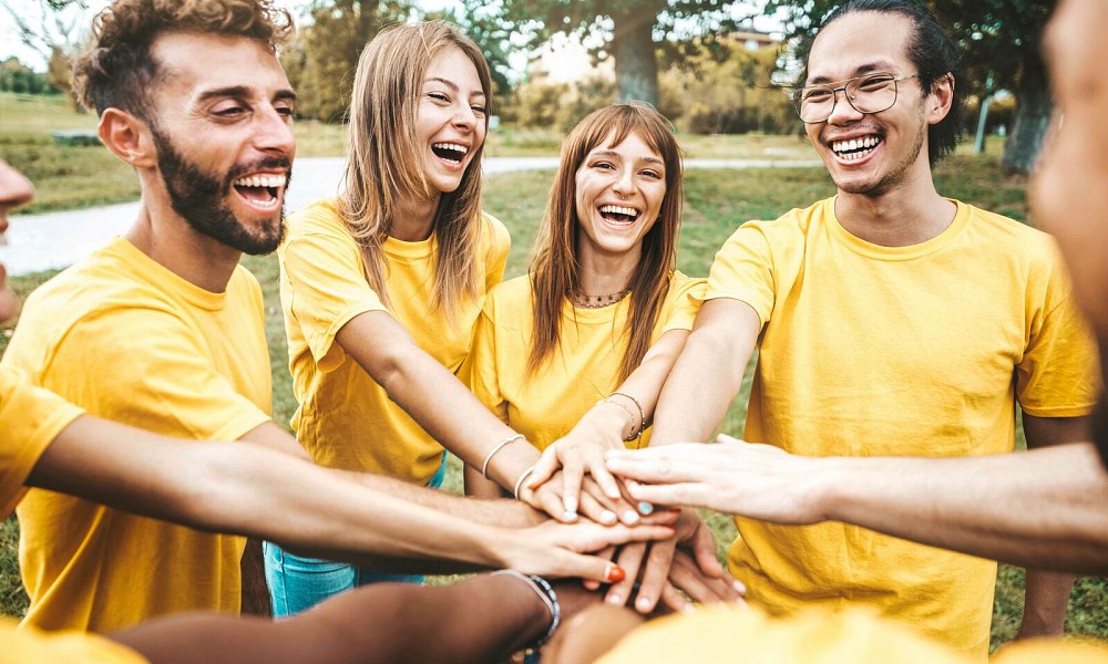 A team participates in a team-building activity